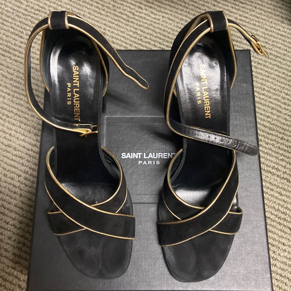 Saint Laurent ysl chunky heels ankle strap sandal black and gold size 11/ 41
